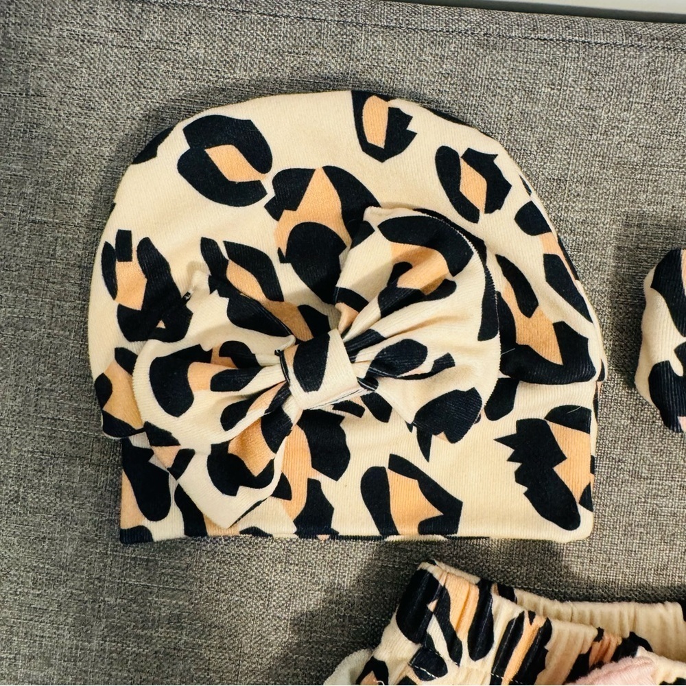 3 Piece Set: Animal Print Newborn Ruffle Skirt, Headband Bow & Beanie Hat New - Picture 2 of 5
